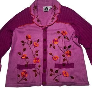 Storybook Knits | 3X | Lilac Embroidered Cardigan Sweater Ramie Cotton 3D Roses